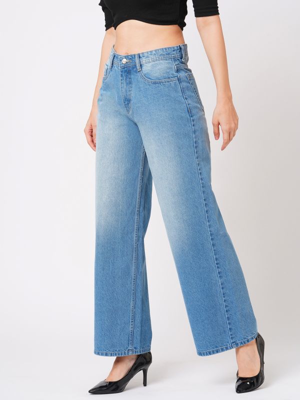 Globus Women Light Blue Flared Mid-Rise Clean Look Light Fade Cotton Jeans