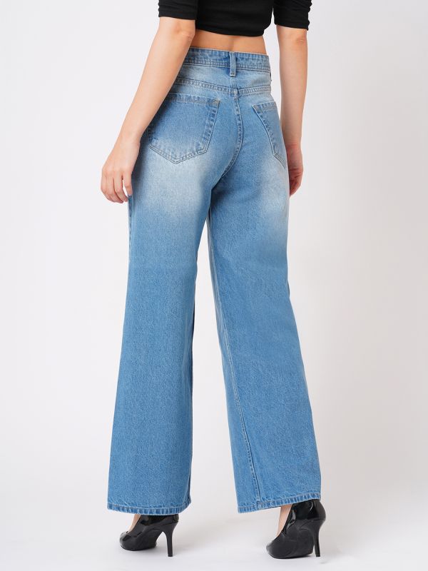 Globus Women Light Blue Flared Mid-Rise Clean Look Light Fade Cotton Jeans