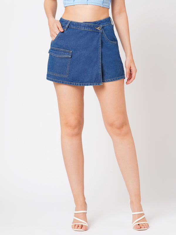 Globus Women Med Blue Slim Fit Mid-Rise Front Pocket Denim Skorts