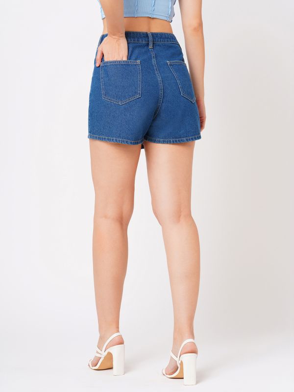 Globus Women Med Blue Slim Fit Mid-Rise Front Pocket Denim Skorts