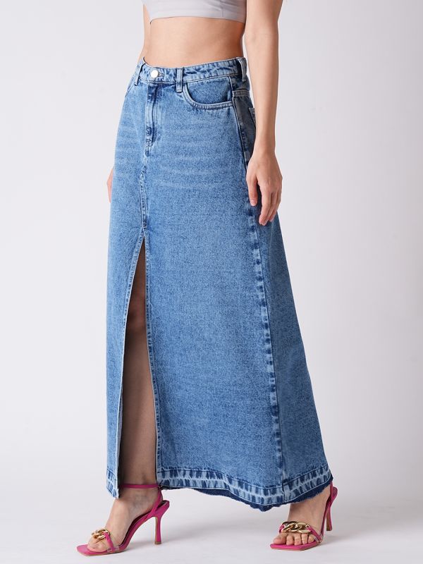 Globus Women Light Blue Front Slit Fringed A-Line Maxi Denim Skirt