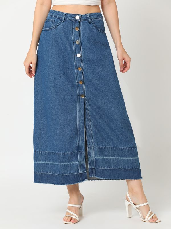 Globus Women Med Blue Washed Denim Front Slit A-Line Midi Skirt
