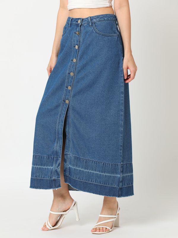 Globus Women Med Blue Washed Denim Front Slit A-Line Midi Skirt