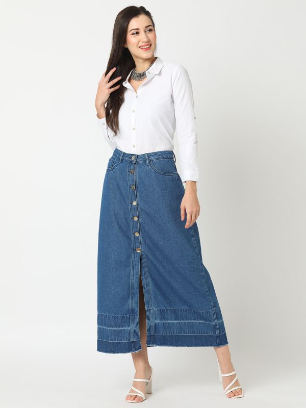 Globus Women Med Blue Washed Denim Front Slit A-Line Midi Skirt