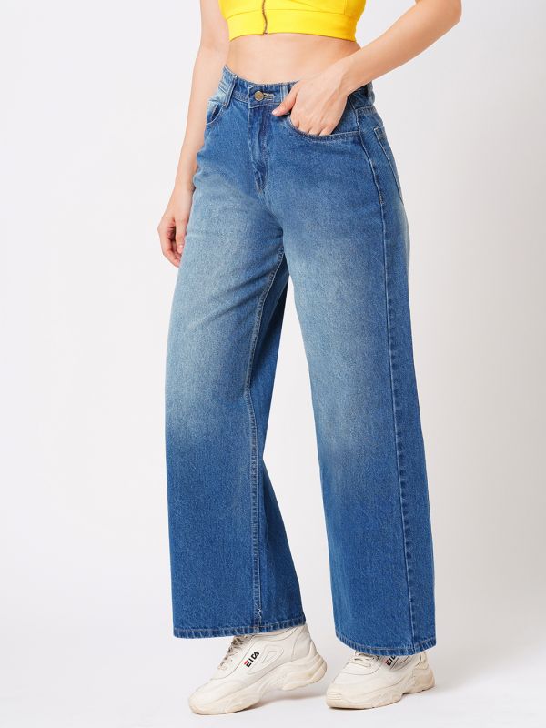 Globus Women Dark Blue Flared Mid-Rise Clean Look Heavy Fade Cotton Jeans