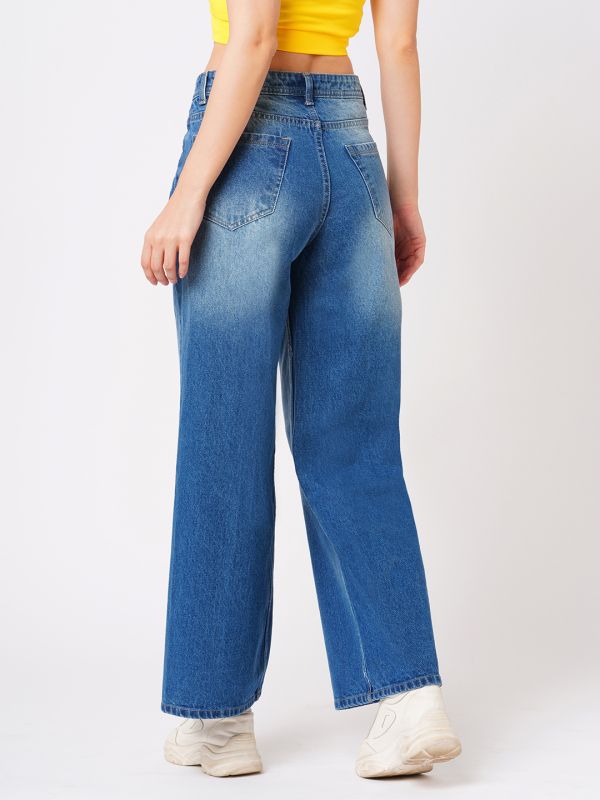 Globus Women Dark Blue Flared Mid-Rise Clean Look Heavy Fade Cotton Jeans