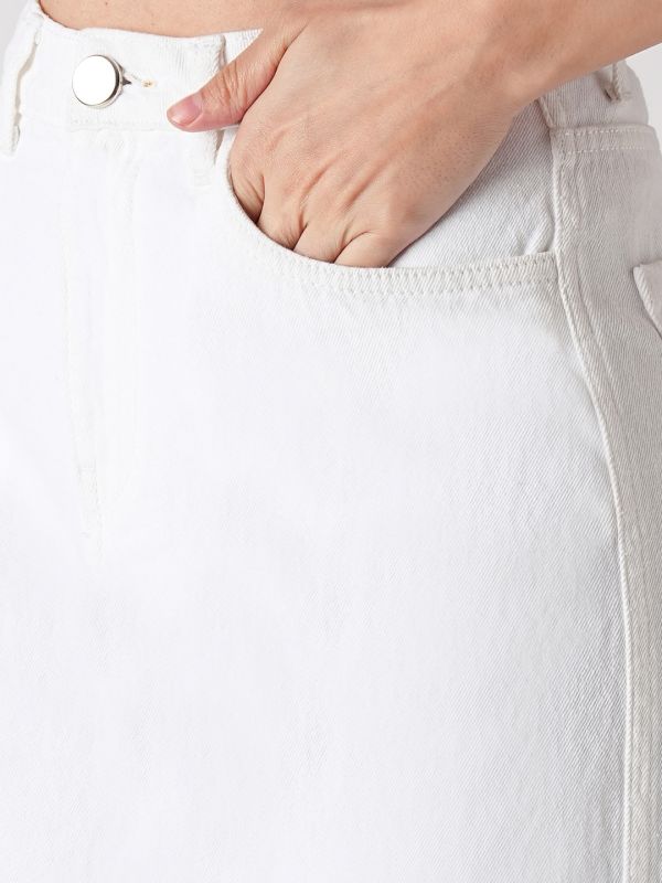 Globus Women White Frayed Wide Leg Mid-Rise Light Shade Clean Look Pure Cotton Jeans