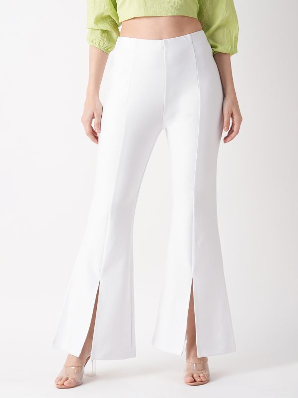 Globus Women White Stretchable Front Slit Flared Treggings