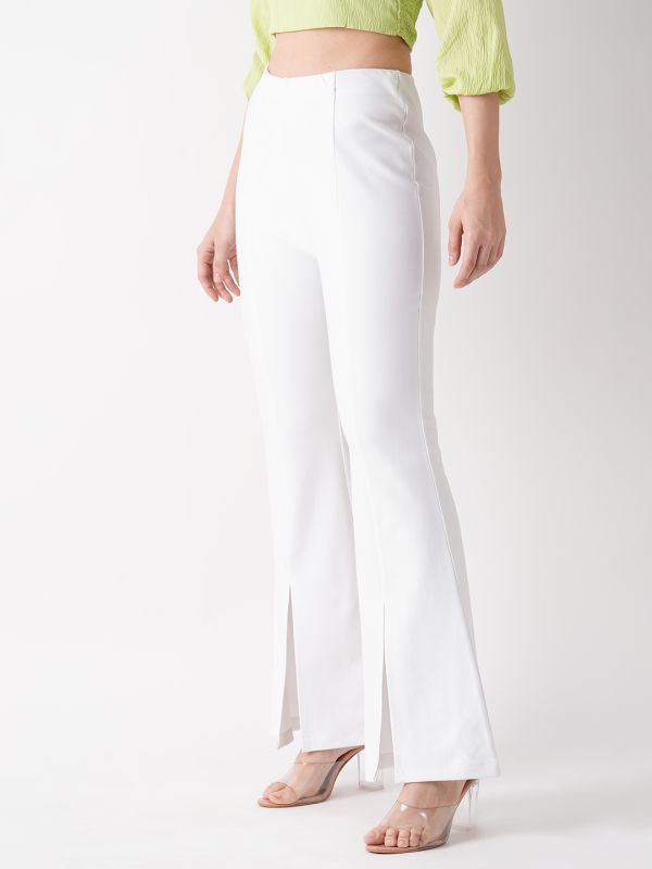 Globus Women White Stretchable Front Slit Flared Treggings