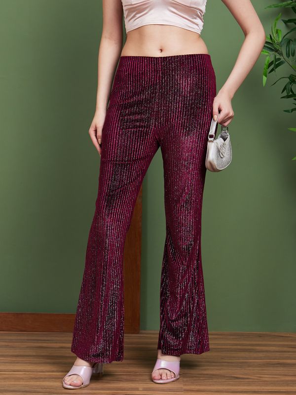 Globus Women Magenta Sheen Embellished Polyester Flared Party Trousers