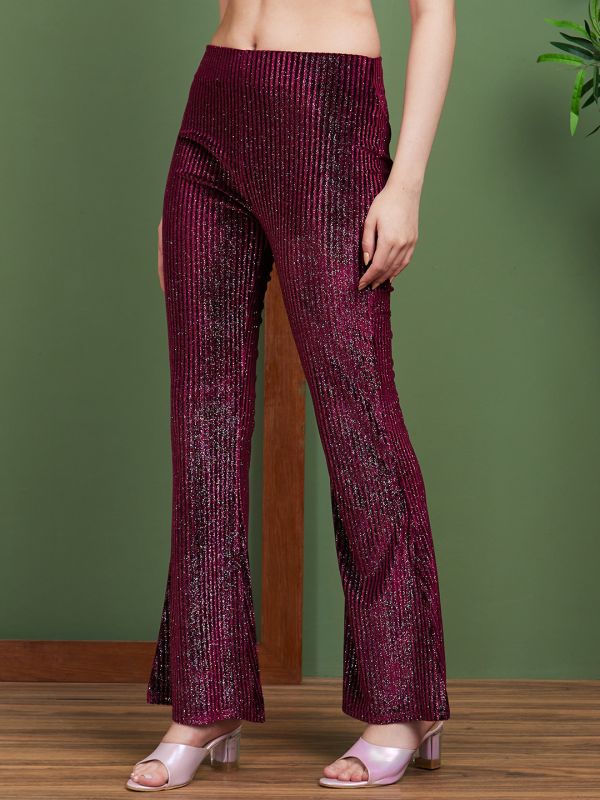 Globus Women Magenta Sheen Embellished Polyester Flared Party Trousers