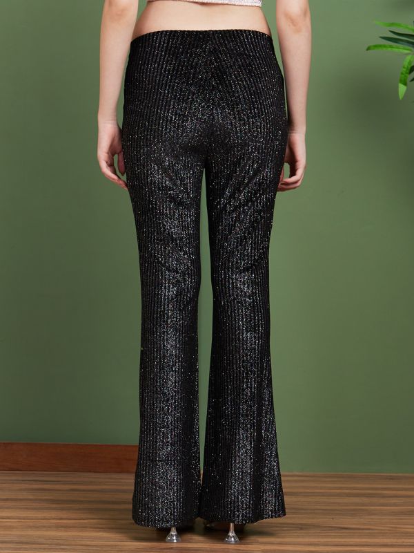 Globus Women Black Sheen Self Design Mid-Rise Elasticated Waist Bootcut Trousers