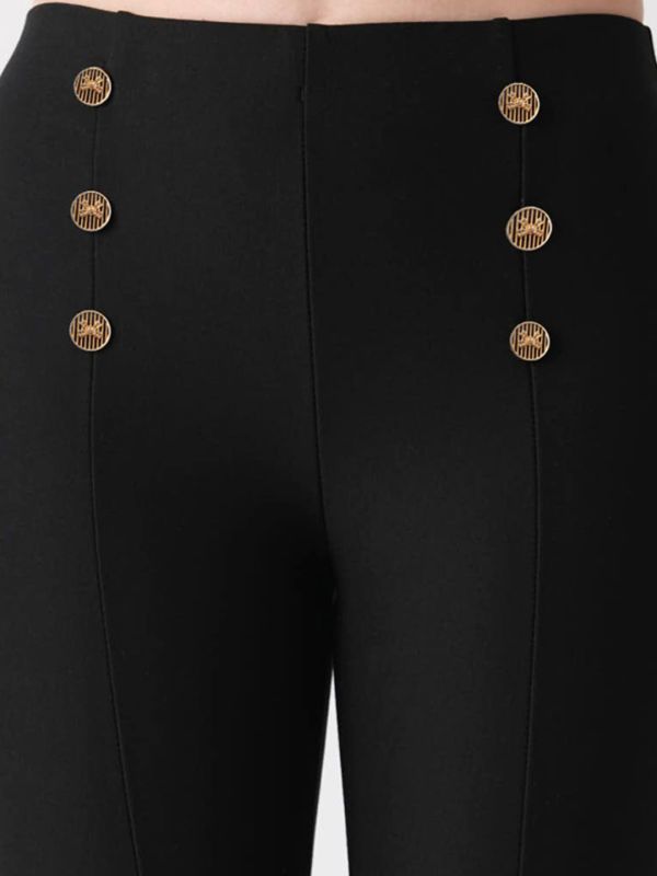 Globus Women Black Stretchable Flat Front Button Detail Skinny Fit Workwear Treggings