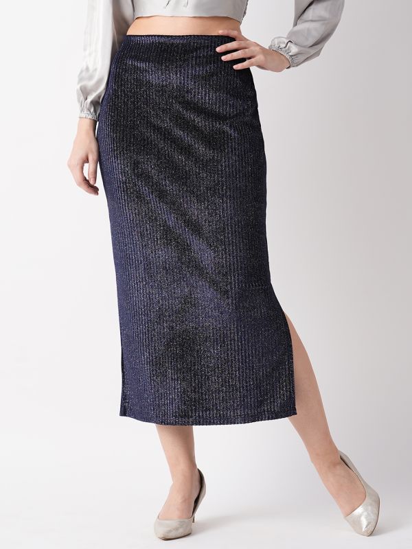 Globus Women Navy Sheen Striped Midi Party Skirt