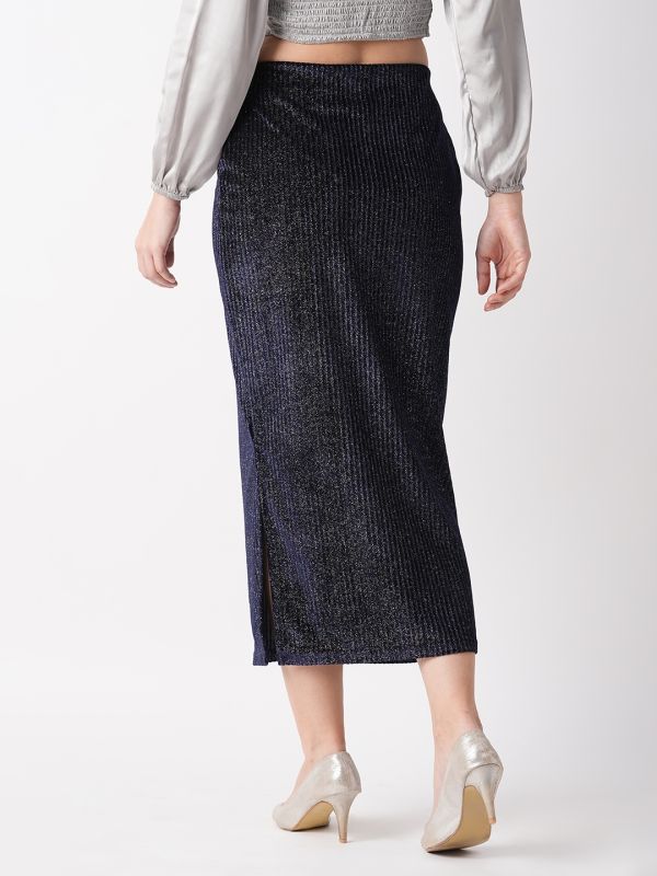 Globus Women Navy Sheen Striped Midi Party Skirt