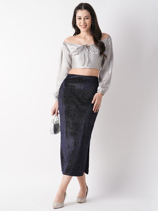 Globus Women Navy Sheen Striped Midi Party Skirt