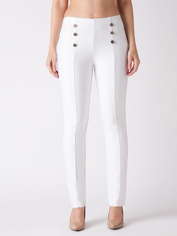 Globus Women White Stretchable Mid Rise Skinny Fit Workwear Treggings