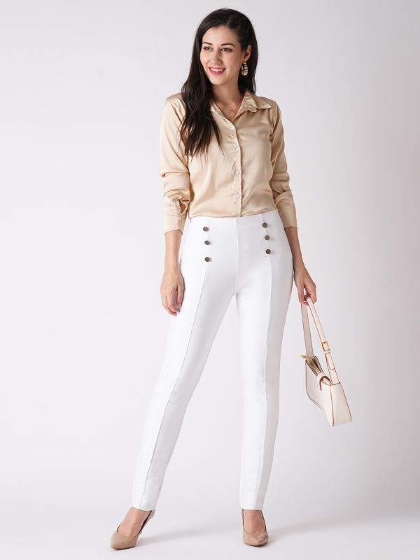 Globus Women White Stretchable Mid Rise Skinny Fit Workwear Treggings