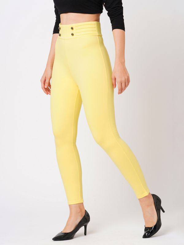 Globus Women Lime Yellow Stretchable Mid-Rise Pintuck Waist Skinny Fit Workwear Treggings
