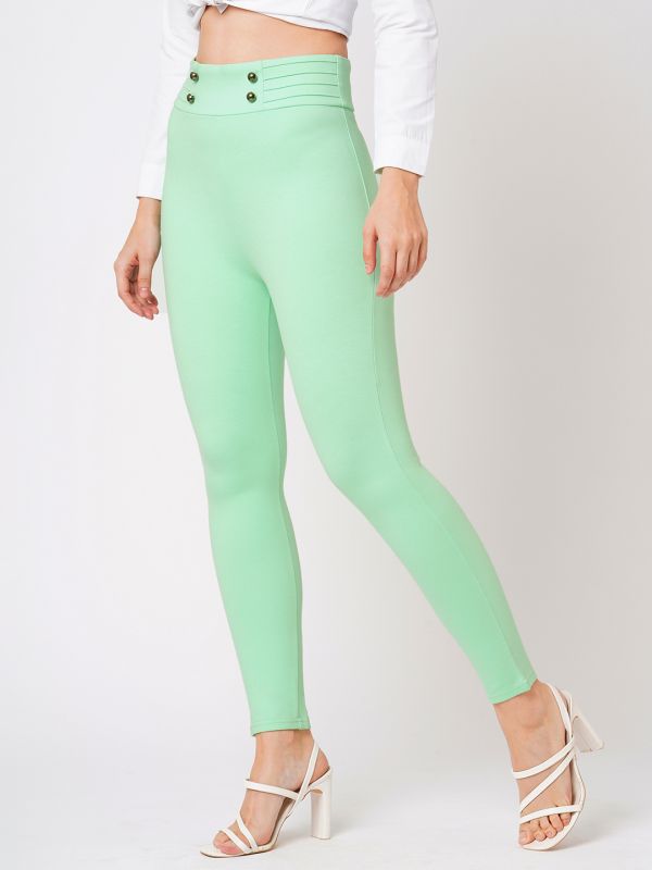 Globus Women Mint Green Stretchable Mid-Rise Pintuck Waist Skinny Fit Workwear Treggings