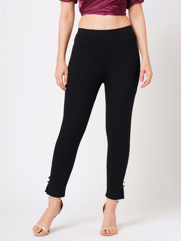 Globus Women Black Stretchable Mid-Rise Woven Skinny Fit Workwear Treggings