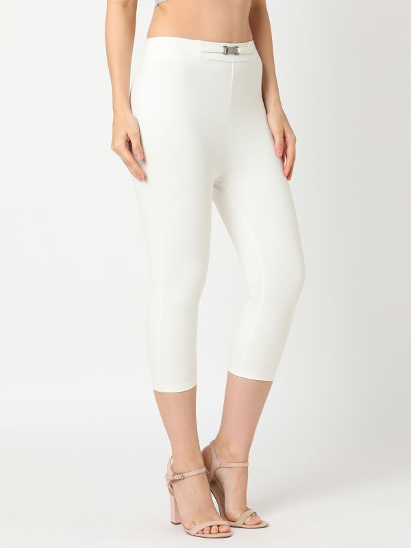 Globus Women Off White Stretchable High Rise Skinny Fit Workwear Capris