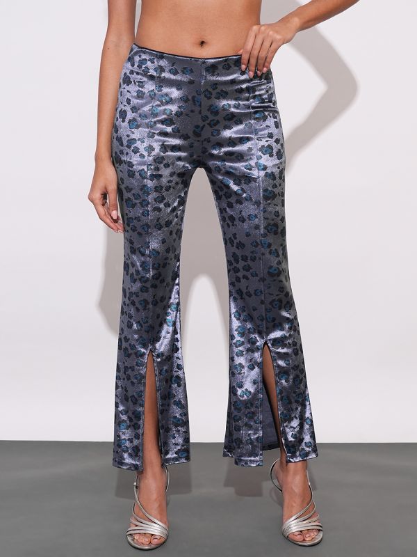 Globus Women Gunmetal Printed Polyester Flared Party Trousers