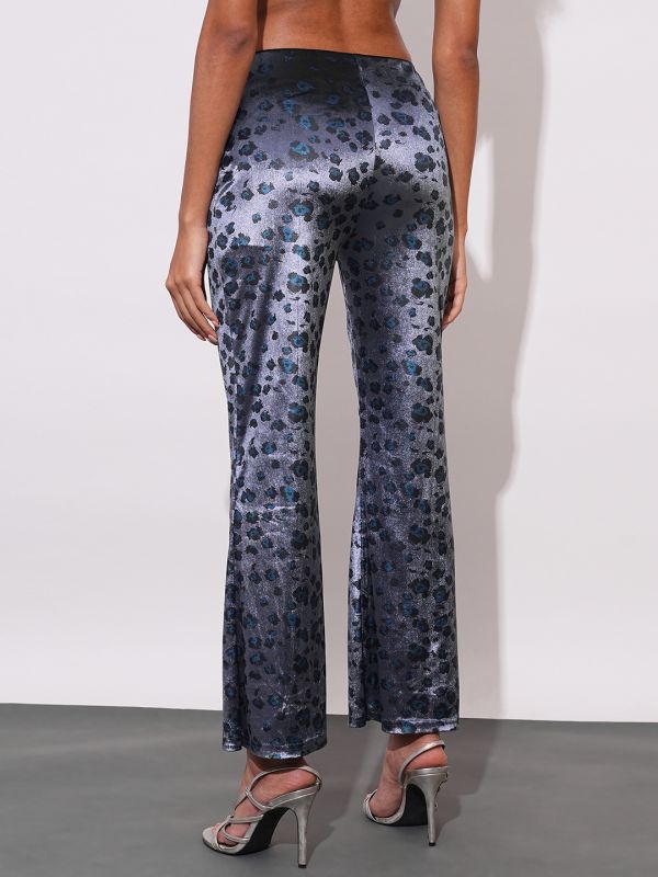Globus Women Gunmetal Printed Polyester Flared Party Trousers