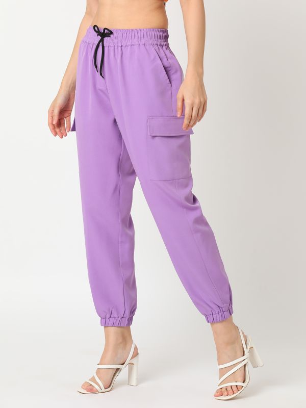 Globus Women Lavender Stretchable Cargo Jogger With Black Drawstring