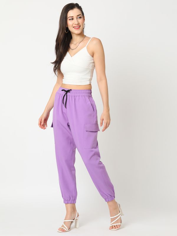 Globus Women Lavender Stretchable Cargo Jogger With Black Drawstring
