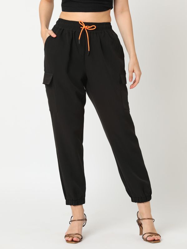 Globus Women Black Stretchable Cargo Jogger With Neon Orange Drawstring