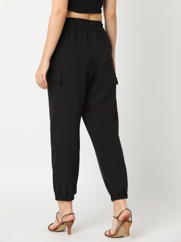 Globus Women Black Stretchable Cargo Jogger With Neon Orange Drawstring