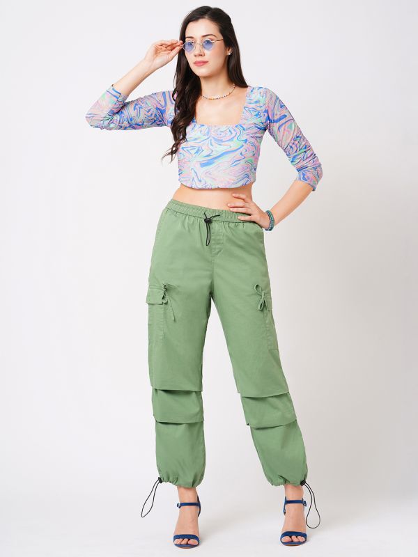 Globus Women Powder Green Loose Fit Mid-Rise Flat Front Cargo Trousers