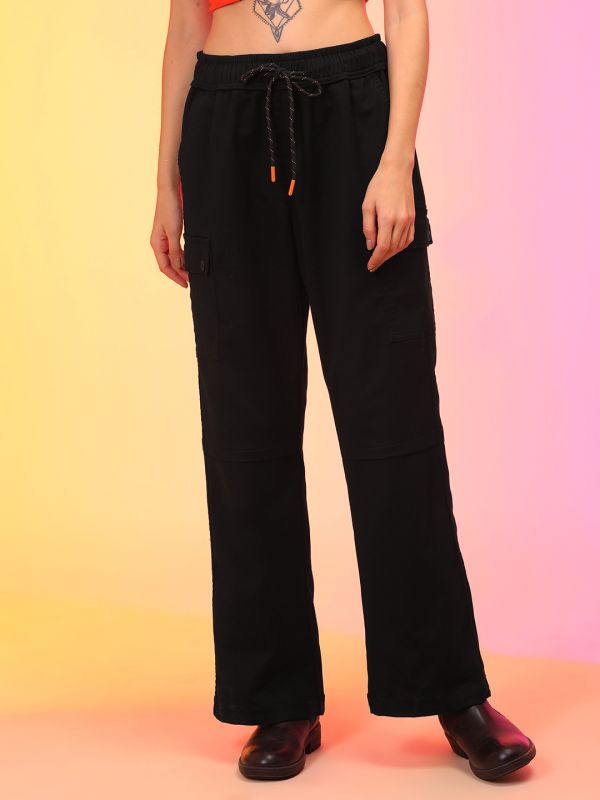 Globus Women Black Straight Fit Military Inspired Cargo Trousers