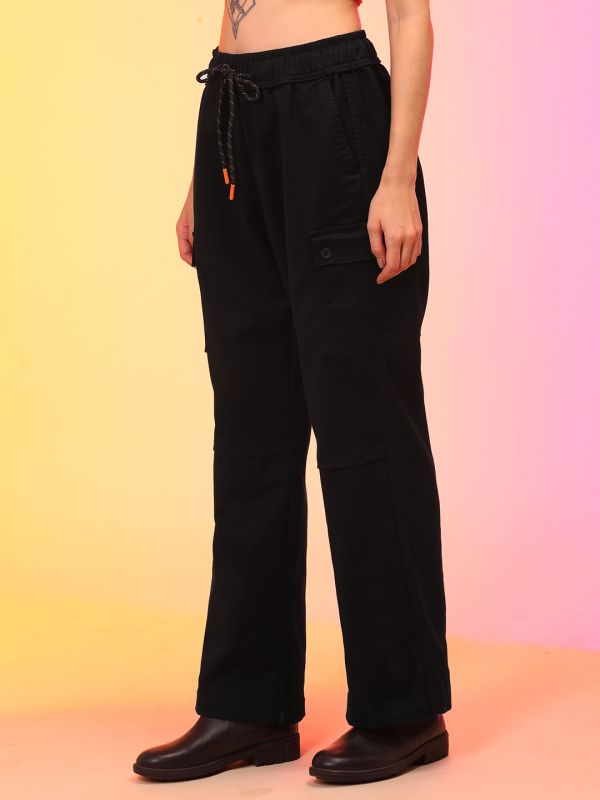 Globus Women Black Straight Fit Military Inspired Cargo Trousers