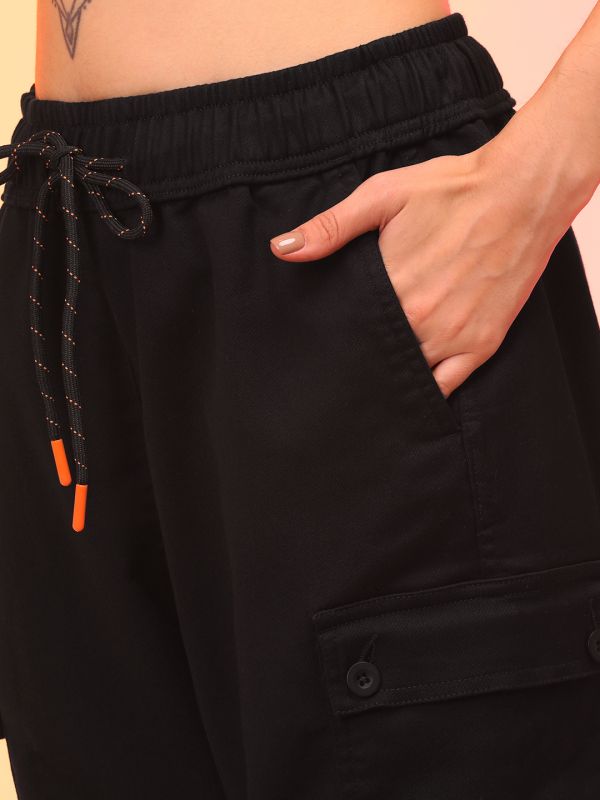 Globus Women Black Straight Fit Military Inspired Cargo Trousers