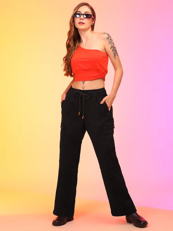 Globus Women Black Straight Fit Military Inspired Cargo Trousers
