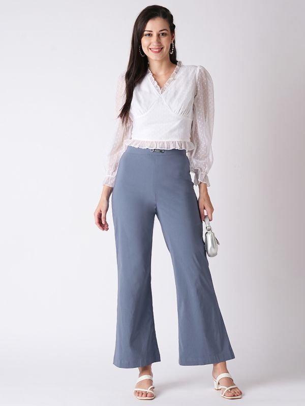 Globus Women Arctic Blue Mid Rise Flared Fit Bootcut Trouser