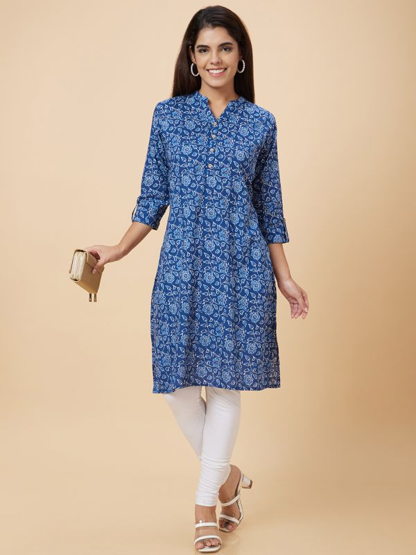 Globus Women Blue Printed Straight Kurta