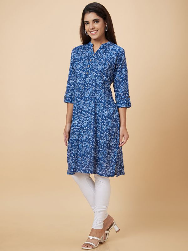 Globus Women Blue Printed Straight Kurta