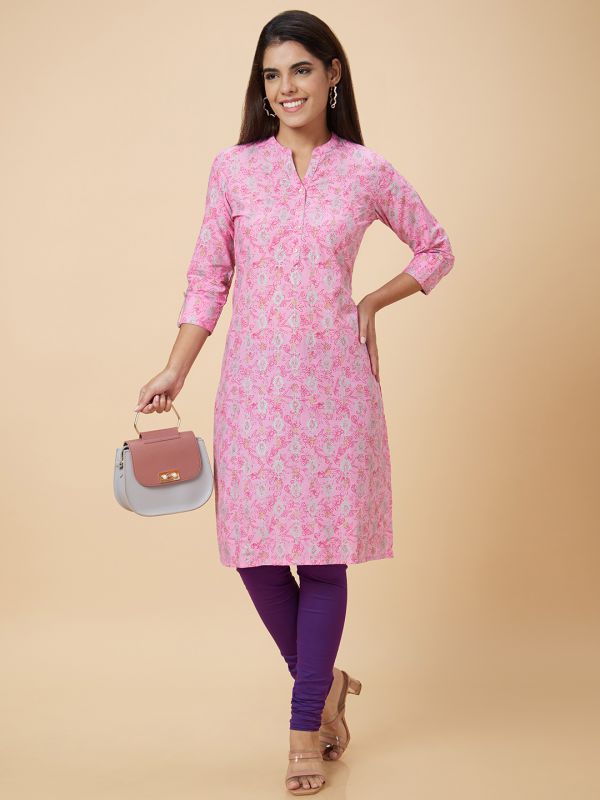 Globus Women Pink Printed Straight Kurta