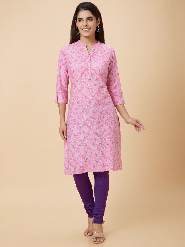 Globus Women Pink Printed Straight Kurta