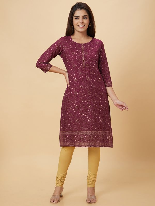 Globus Women Purple Printed Straight Kurta