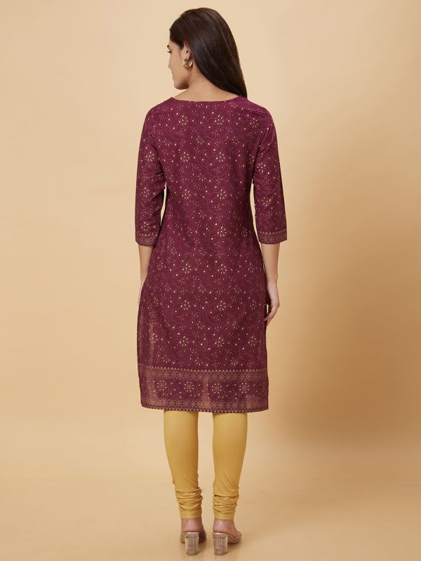Globus Women Purple Printed Straight Kurta
