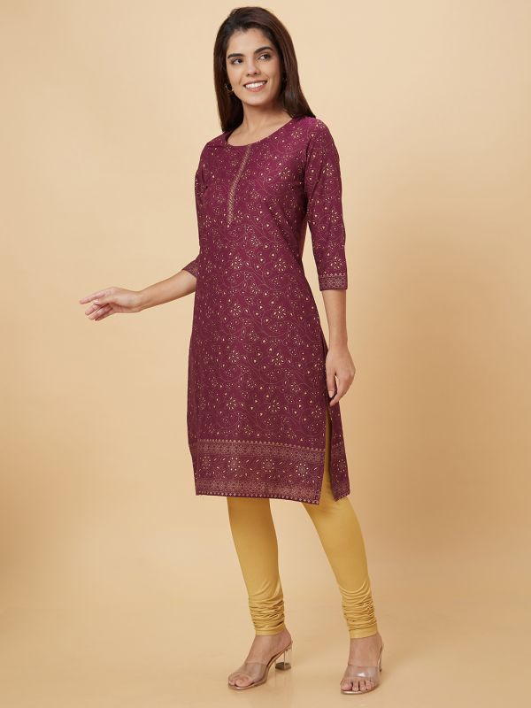 Globus Women Purple Printed Straight Kurta