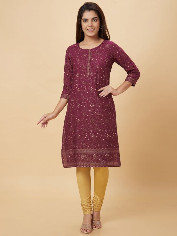 Globus Women Purple Printed Straight Kurta