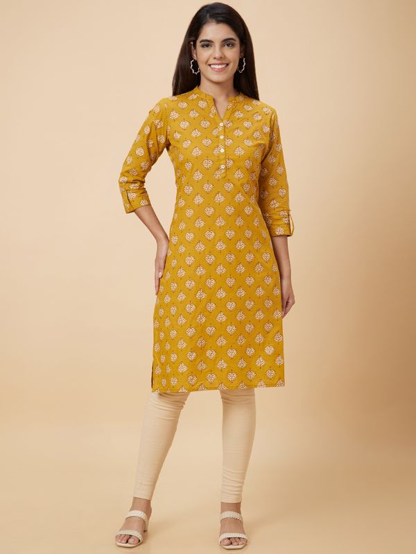 Globus Women Mustard Printed Straight Kurta