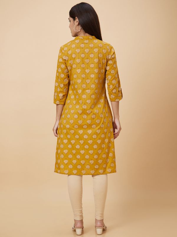 Globus Women Mustard Printed Straight Kurta