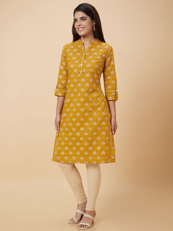 Globus Women Mustard Printed Straight Kurta