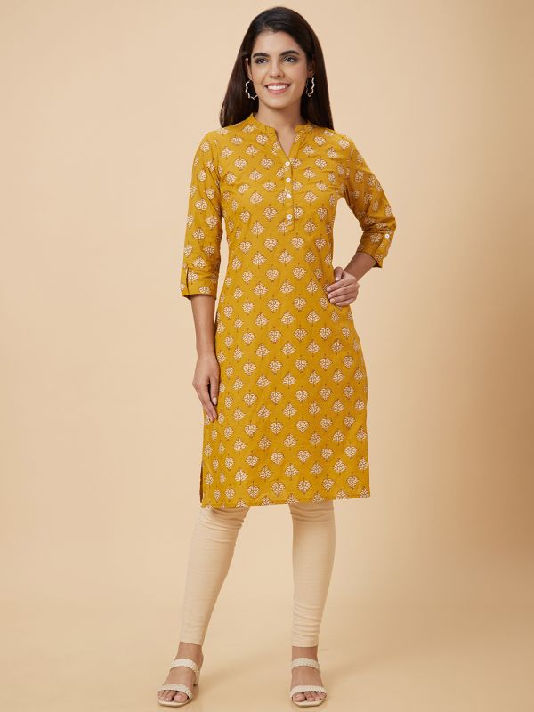 Globus Women Mustard Printed Straight Kurta
